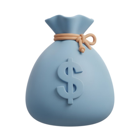 A blue money bag, emblazoned with a dollar sign, stands isolated on a white background. It symbolizes finance, investment, and the potential for wealth accumulation.の素材