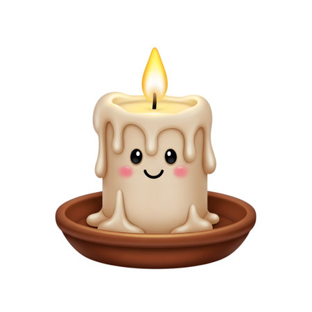 A cute candle with a smiling face sits on a plate. The candle is white and has wax dripping down its sides. The flame is bright yellow. Isolated on white background.の素材