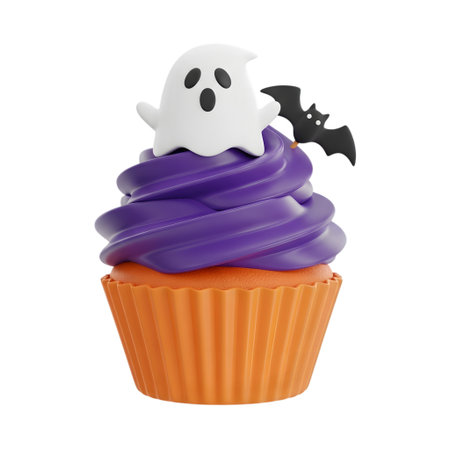 A Halloween cupcake isolated on a white background, featuring a ghost and bat decoration. This sweet treat is perfect for any Halloween party or celebration.の素材