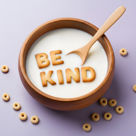 The word be kind written in wooden letters in a bowl of milk.の素材