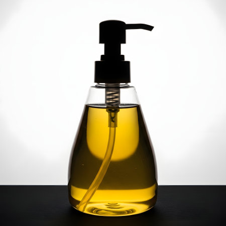 Bottle of liquid soap on a black table, isolated on white backgroundの素材