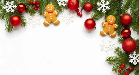 Christmas decoration with gingerbread man and snowflakes on white backgroundの素材