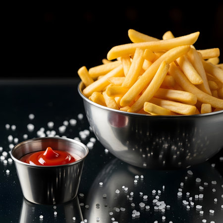 Golden French fries potatoes in a bowl with ketchup on black backgroundの素材