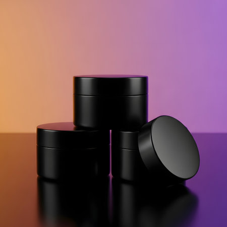 Black cosmetic jars on a colorful background. 3d rendering. Mock up.の素材