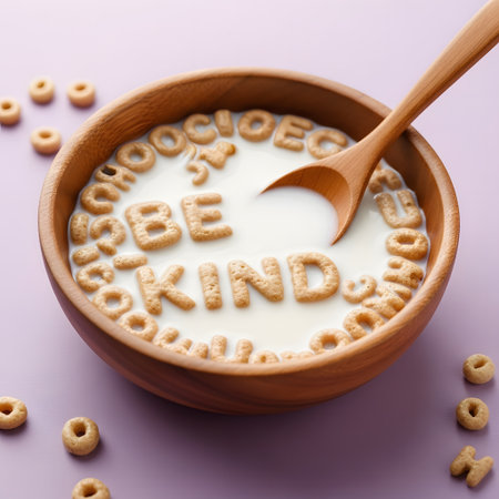 Bowl of cereal with milk and wooden spoon on purple background.の素材
