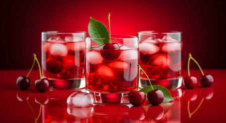 Cherry cocktail with ice cubes and cherries on a red backgroundの素材