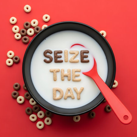 Closeup of a bowl of cereals with the word SWEET THE DAY on red backgroundの素材