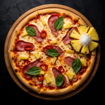 Pizza with ham, pineapple and mozzarella cheese on black backgroundの素材
