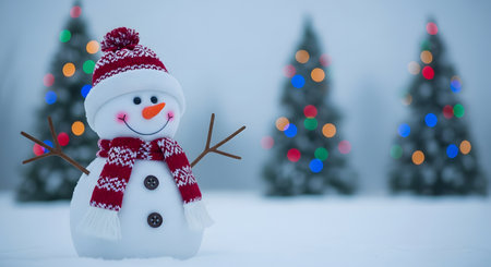 Snowman with christmas tree and bokeh lights background.の素材