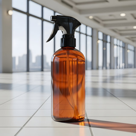 3d render of spray bottle in modern interior with city view.の素材