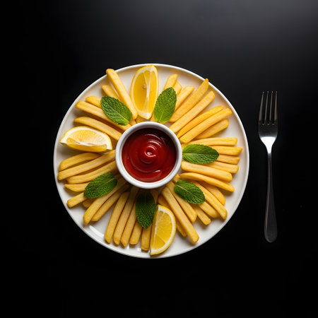 French fries with ketchup on a black background. Top view.の素材