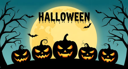 Halloween background with pumpkins and full moon. Vector illustration.の素材