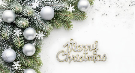 Christmas greeting card with fir tree branches, silver balls and snowflakes on white backgroundの素材