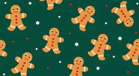 Seamless pattern with gingerbread men on a green background.の素材