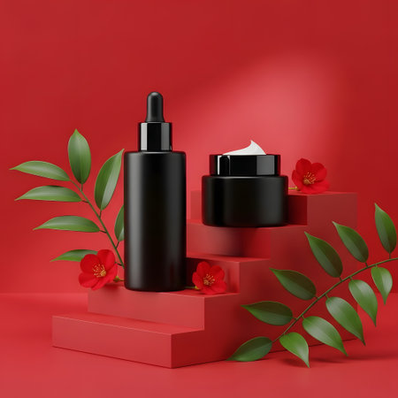 3d render of black cosmetic bottle with dropper on red podium.の素材