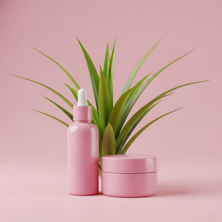 Cosmetic container with green plant on pink background. Skin care conceptの素材
