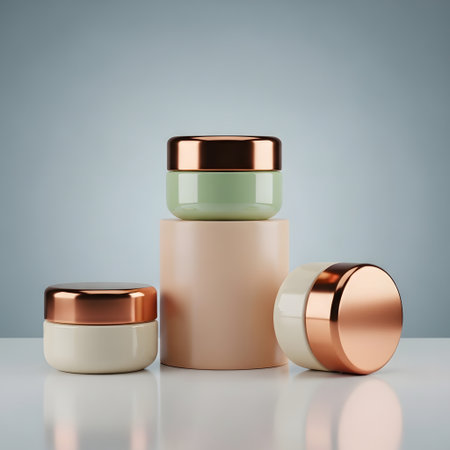 3d render of cosmetic cream bottles on a grey background with reflection.の素材
