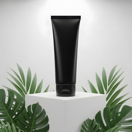 Black cosmetic tube mockup on white podium with tropical leaves. 3d renderingの素材