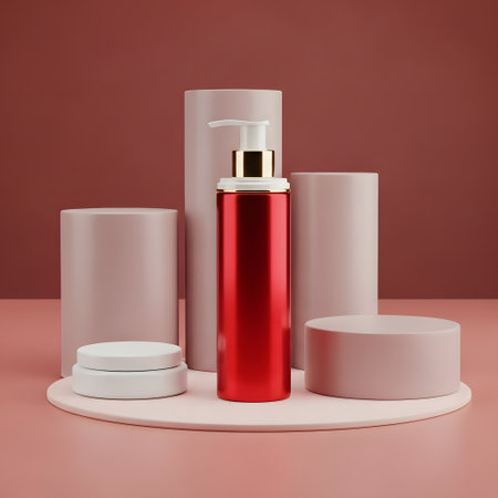 3d render of red cosmetic bottle on podiums. Beauty product displayの素材