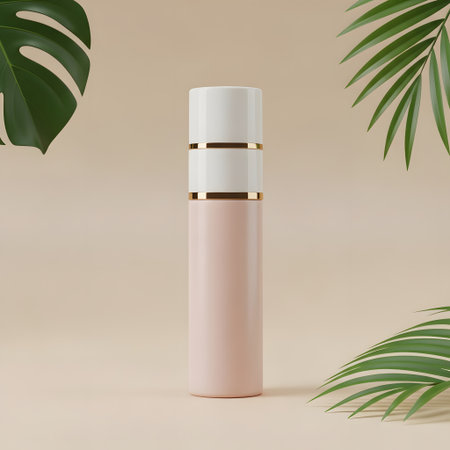 Mockup of cosmetic bottle on cream background with tropical leaves. 3d renderingの素材