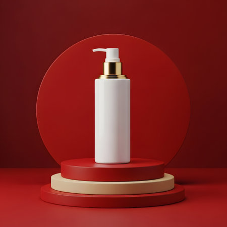 White cosmetic bottle mockup on red podium. 3d render illustrationの素材