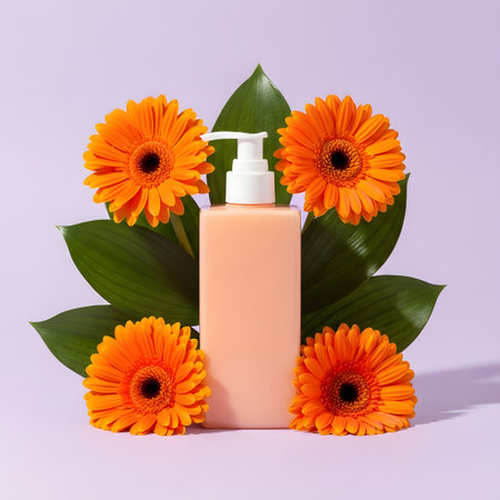 cosmetic bottle with orange gerbera flowers on a purple backgroundの素材