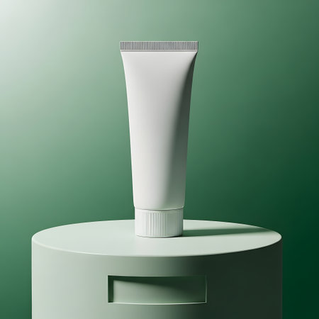 3d render of white cosmetic tube on podium with green background.の素材
