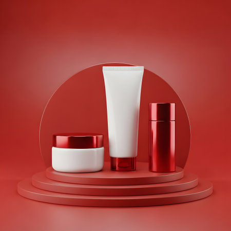 Cosmetic bottle on podium in red background. 3d rendering.の素材