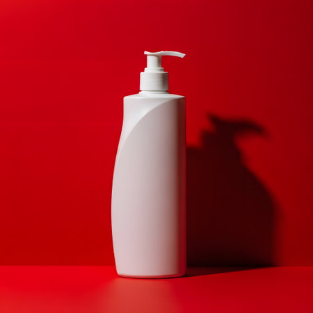 White cosmetic bottle on red background with shadow. Mock up, 3D Renderingの素材