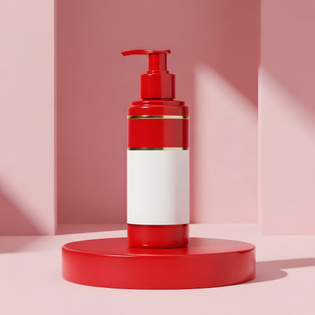 Cosmetic bottle with blank label on podium in pink room. 3D renderingの素材