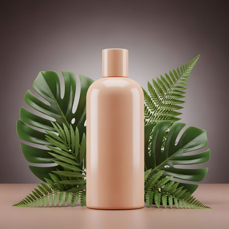 Mockup brown cosmetic bottle with tropical leaves. 3d illustrationの素材