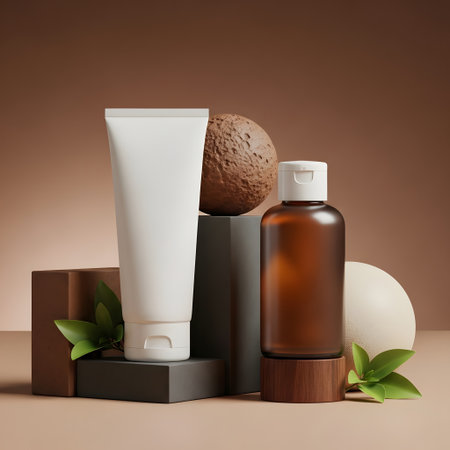 Mockup of cosmetic products in brown background. 3d renderingの素材