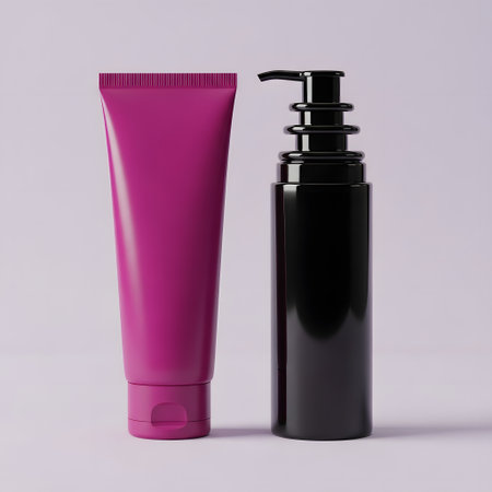Cosmetic bottle mockup with black and pink plastic cap. 3d renderingの素材