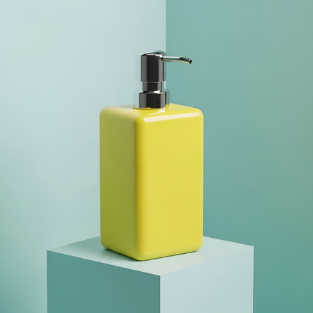 Yellow soap dispenser with pump on blue background. 3d renderの素材