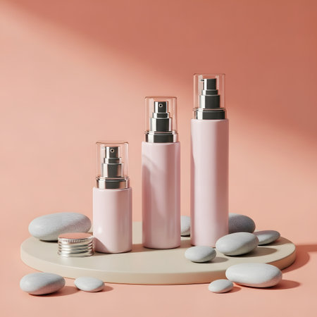 Cosmetic bottle on round podium with pebbles on pastel pink backgroundの素材