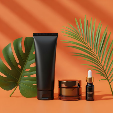 Cosmetic products with tropical leaves on orange background. 3d illustrationの素材