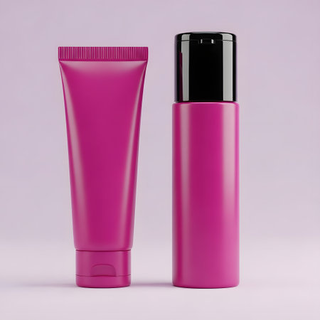 Pink cosmetic bottle mockup on a pink background. 3d renderingの素材