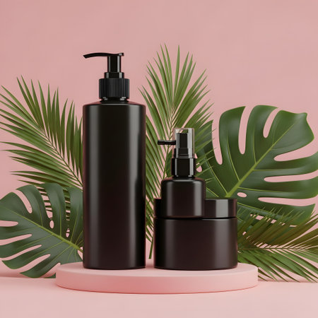 Set of black cosmetic bottles with tropical leaves on pink background. 3d renderの素材