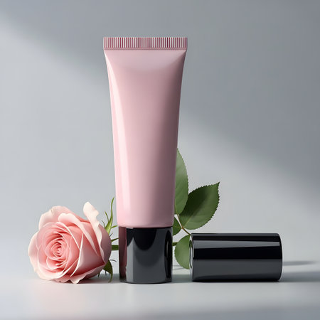 Blank cosmetic tube mockup with rose flower. 3d renderingの素材