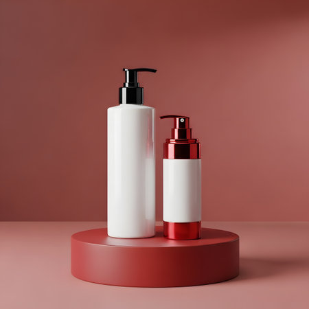 White and red cosmetic bottles on a podium. 3d rendering.の素材