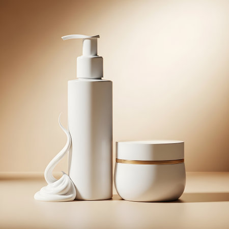 Cosmetic bottle with cream and lotion on a beige backgroundの素材