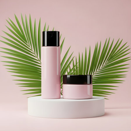 Mockup of pink cosmetic products with palm leaves on a pink background. 3d renderingの素材