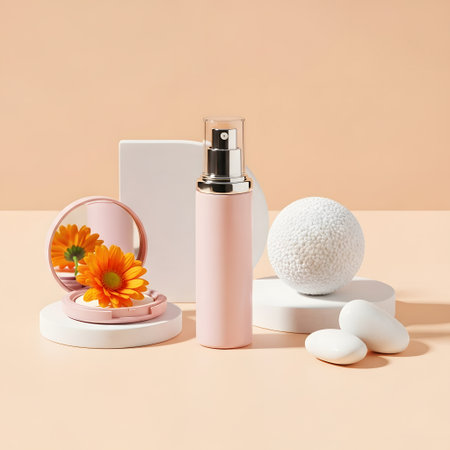 cosmetic product display with flower on podiums, 3d renderの素材