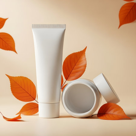 Cosmetic cream tube with autumn leaves on beige background. 3d renderの素材