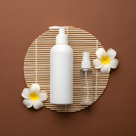 Mockup of cosmetic products on bamboo mat with frangipani flowersの素材
