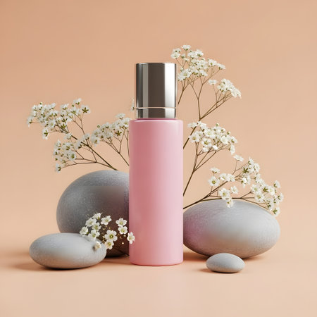 Cosmetic bottle mockup with white flowers and gray stones. 3d renderingの素材