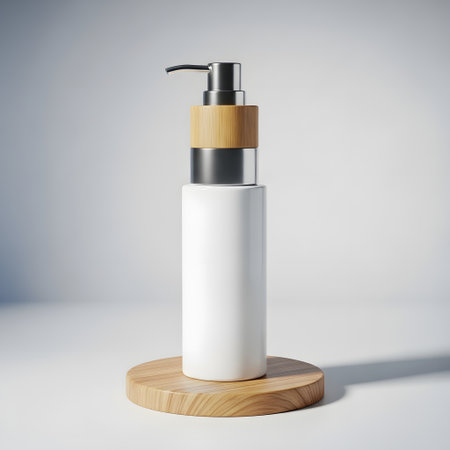 White cosmetic bottle mockup on wooden stand. 3d rendering.の素材