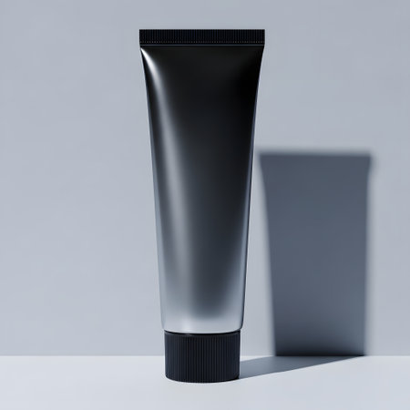 Black tube of cosmetic product on a gray background. 3d renderingの素材