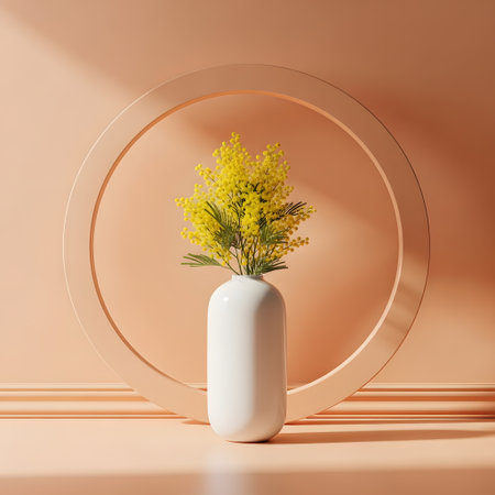 Mimosa flowers in vase on pastel background. 3d renderの素材