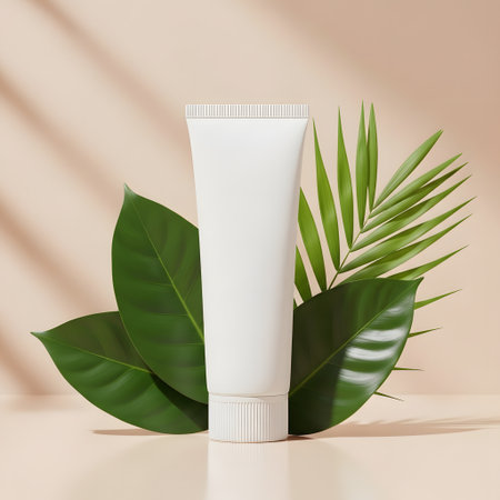 White cosmetic tube with green leaves on beige background. 3d renderingの素材